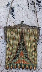 BOLSO/CARTERA DE MALLA METÁLICA ART DECO VINTAGE BROCHE DE BESO MARCO EN RELIEVE ESMALTE COLORIDO - Imagen 1 de 24