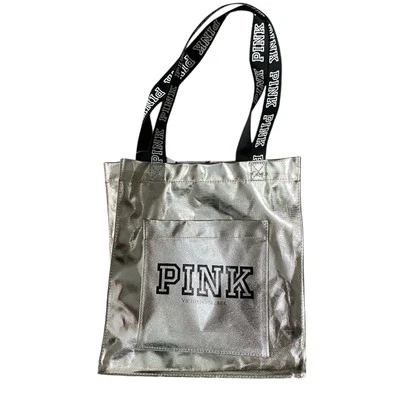 Victorias Secret PINK Packable Tote Bag Shopper 10" Silver Logo Travel - Image 1 of 4