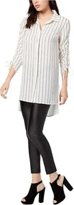 Bar III Womens Striped Tunic Top Button Up Shirt Tie Sleeve White Black Size XS - Picture 1 of 2
