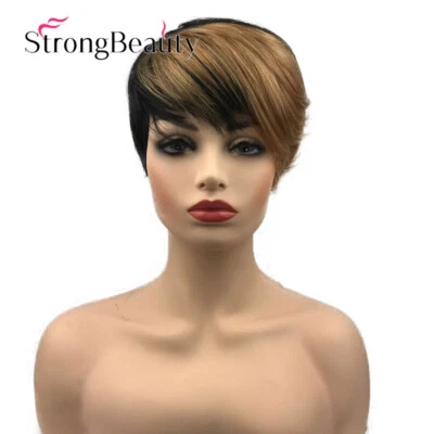 Peluca sintética Pixie Afro corta recta ombre negra dorada mixta para mujer Foto 1 de 4