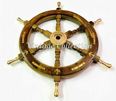 24" Wooden Maritime Ship Steering Wheel Pirate Ship Decor Nautical Brass Handle - Image 1 of 4