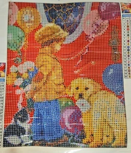 Pintura Diamante 5D - Niño Pequeño con Flores Globos Perro y Gato Cumpleaños 8" x 12" - Imagen 1 de 3