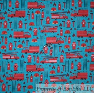 BonEFul FQ Cotton Quilt Green Blue Red VTG Fire Truck Hydrant Tiny Small Boy Dot - Picture 1 of 14