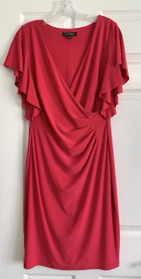 Lauren Ralph Lauren Faux Wrap Dress Womens 10 Pink Flutter Short Sleeve Lined - Image 1 of 4