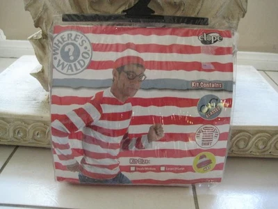 Where’s Waldo Costume Shirt /Hat/ Glasses Red White Stripes Size Medium - Image 1 of 4