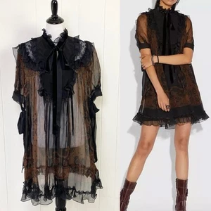 COACH 100% Silk Bandana Mini Dress Black/Brown Ruffle Size 12 NWT Missing Liner - Picture 1 of 20