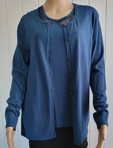 Doncaster Collection 2 PC Blue Sweater Twin Set Lace Insert Stretch size M - Picture 1 of 15