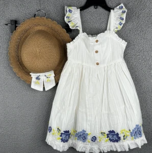 Shabby Chic Sundress & Hat Girls 5T Embroidered White Floral - Picture 1 of 11