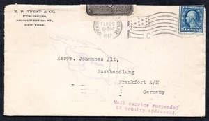 US 1917 GERMANY WARTIME "RETURN TO WRITER" "MAIL SERVICE SUSPENDED TO COUNTRY... - Picture 1 of 2