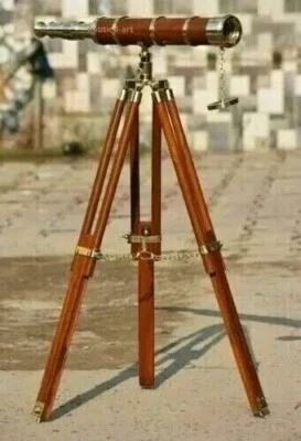 Antique Nautical Floor Standing Brass 18 Inch Telescope With Wooden Tripod Stand - Image 1 of 4