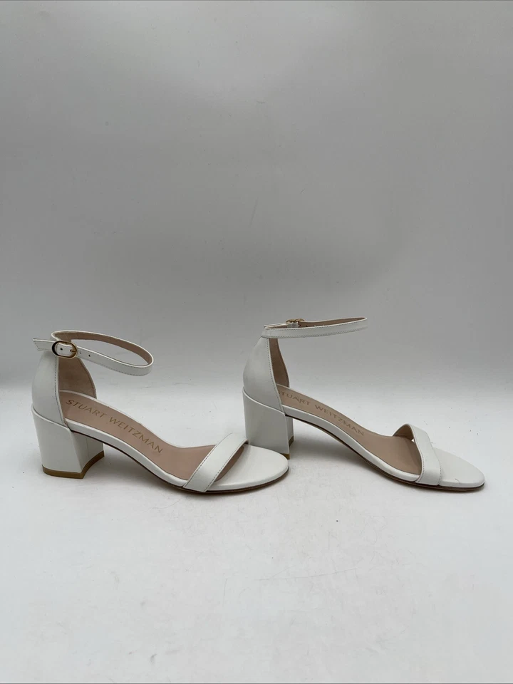 Stuart Weirzman White Leather Open Toe Ankle Strap Block Heel Sandals Women’s 5 - Image 1 of 4