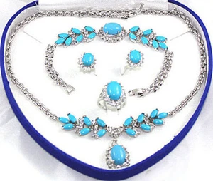 Turquoise 18KWGP Link Crystal Women Pendant Necklace Bracelet Earrings Ring Set - Picture 1 of 6