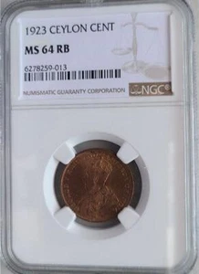 Ceylon 1 Cent 1923 NGC MS 64 RB - Picture 1 of 2