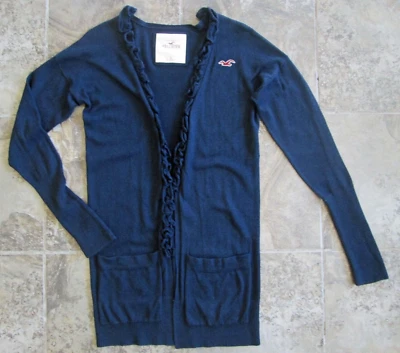 Hollister CA Small Cardigan Sweater Open Front Ruffles Navy Blue Cotton Blend - Image 1 of 4