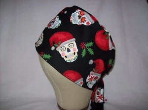 Men/Women Surgical Scrub Cap Lined Sugar Skulls Santa Hat Red Day of The Dead - Picture 1 of 3