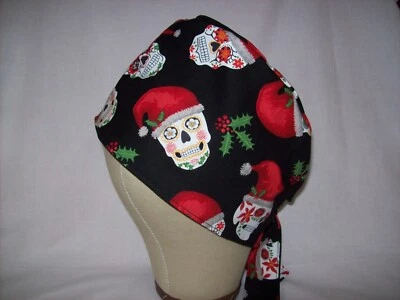 Men/Women Surgical Scrub Cap Lined Sugar Skulls Santa Hat Red Day of The Dead  - Image 1 of 3