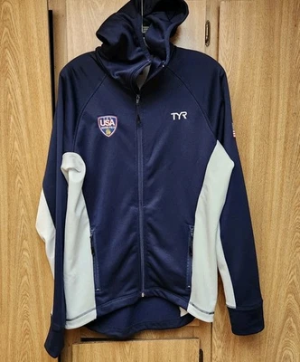 TYR x USA Water Polo Blue Full Zip Hoodie Sweatshirt Poly Stretch Men's Medium - Image 1 of 4
