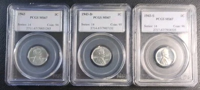 Set of 3 1943 1c Lincoln Cent PCGS MS67 Steel Cent Coins - Image 1 of 4