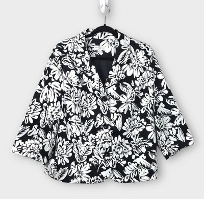 Studio Works Women’s Blazer XL Black White Floral Tropical Jacket 3/4 Sleeve - Image 1 of 4