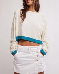NUOVO maglione Free People We The Free Beach a righe blu panna taglia SMALL MSRP $108 - Foto 1 di 5
