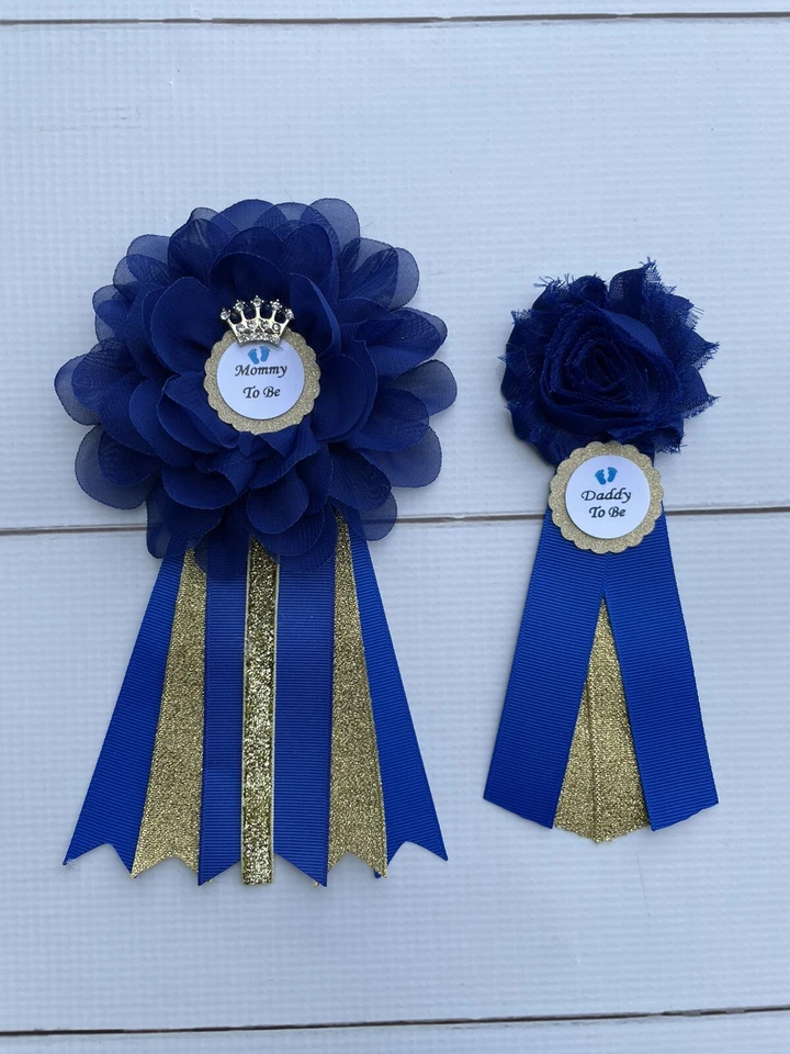 Juego de ramilletes de baby shower Prince azul real y dorado, mamá y papá Foto 1 de 1
