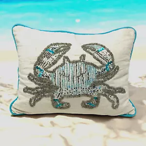 Celerie Kemble Coastal Crab Pillow Seed Beaded Beach House Nautical Crustacean - Picture 1 of 8