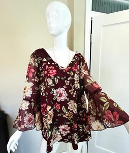 PERCEPTIONS WOMEN PLUS SIZE 3X BOHO BLOUSE LONG SLEEVE SHEER ARMS FLORAL ARTSY - Picture 1 of 5