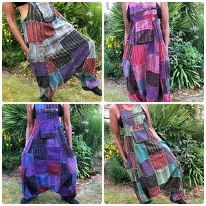 Patchwork Drop Crotch Harem Dungarees Festival Jumpsuit Hippie Overalls Romper - Picture 1 of 36