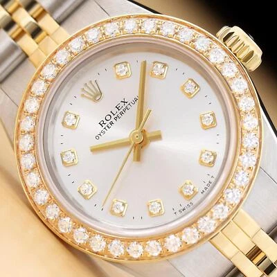 ROLEX LADIES OYSTER PERPETUAL 67193 SILVER DIAMOND DIAL 18K GOLD STEEL WATCH - Image 1 of 4