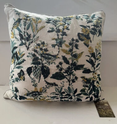 Envogue Hand Embroidered Pillow Bird Butterfly Cream Blue Green Feather Cotton - Image 1 of 4