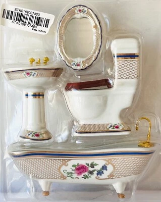 Miniature Dollhouse 4 pc Porcelain Bathroom Set Tub Toilet Pedestal Sink Mirror - Image 1 of 4