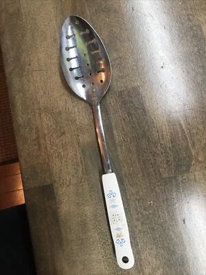 VTG EKCO White Dutch Tulip Floral Handle Chromium Plated Serving Spoon Slotted - Image 1 of 4