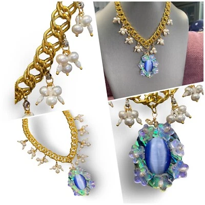 17” Signed Pendant Necklace Real  Pearl ￼ abalone Czech Glass  Blue Moon Glow - Image 1 of 4