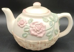 Blushing Pink Roses Teapot Ceramic Embossed Basket Vintage Tea Country Decor Tea - Picture 1 of 12