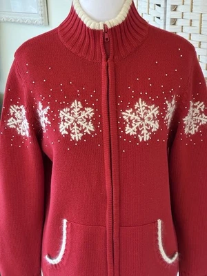 Quacker Factory Zip Front Snowflake Tipped Cardigan Sweater Red White Women's M - Image 1 of 4