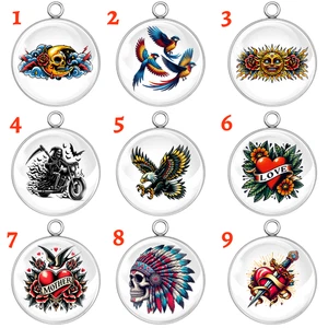 Old School Tattoo Charms – Skull, Eagle, Heart, Sun & Swallow Glass Cabochons - Picture 1 of 22