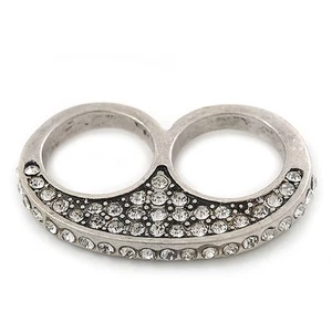 Vintage Pave-Set Diamante 'Knuckles' Double Finger Ring In Burn Silver - 45mm - Picture 1 of 6