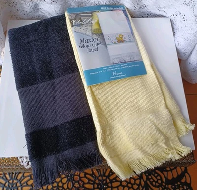 (2) NEW CHARLES CRAFT CROSS STITCH TOWELS 100% COTTON 14 COUNT 1 BLACK/1 YELLOW - Image 1 of 3
