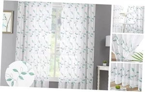 Teal Blue Leaf Sheer Curtains Leaves Embroidered Living Room Curtain Rod - Picture 1 of 8