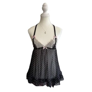 Victoria’s Secret Pink and Black Lingerie Chemise Babydoll Polkadots Lace Bows S - Picture 1 of 8