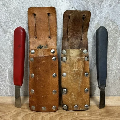 Lot Of 2 - Vintage Fixed Blade Cable Splicing Knives With Leather Sheaths - Image 1 of 4