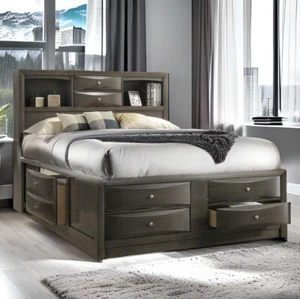 Emilia Transitional Queen Bookcase Bed with 8 Storage Drawers In Grey - Picture 1 of 8