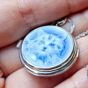 Very Cute 925 Sterling Silver Kitty Cameo Photo Box Pendant Necklace - Picture 1 of 5