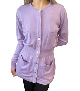 CHANEL Vintage 94A CC Logo Knit Cardigan Sweater Button Purple Gold Cashmere - Picture 1 of 11