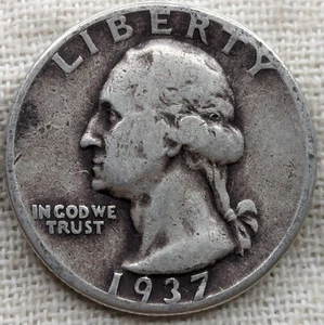 Moneda de plata fina de 0,9 Washington Quarter 1937 en estado bastante bueno, muy fina: tono original - Imagen 1 de 6