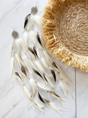 Festival Boho Long Feather Earrings,Festival Outfit,Party Outfit, Beach Outfit - Image 1 of 4
