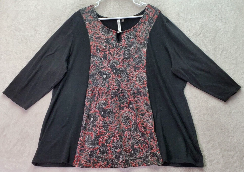 NY Collection Blouse Top Women's Size 3X Black Paisley 3/4 Sleeve Keyhole Neck - Image 1 of 4