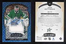 2020 Upper Deck Allure Blue Line Jerseys /75 Jake Oettinger #91 Rookie Auto RC