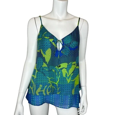 Camiseta regata HALE BOB tamanho S 100% seda gola V estampa geográfica hippie boho fada - Imagem 1 de 4