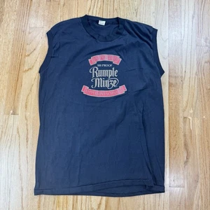 Vintage 80s Rumple Minze Alcohol T Shirt Mens XL Black Liquor Promo Sleeveless - Picture 1 of 5